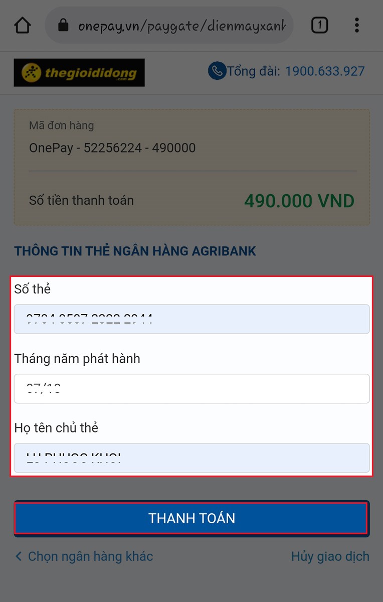 Nhập thông tin thẻ Ngân hàng