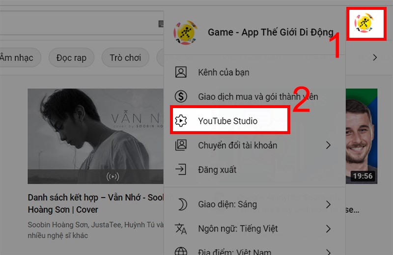 Chọn mục YouTube Studio