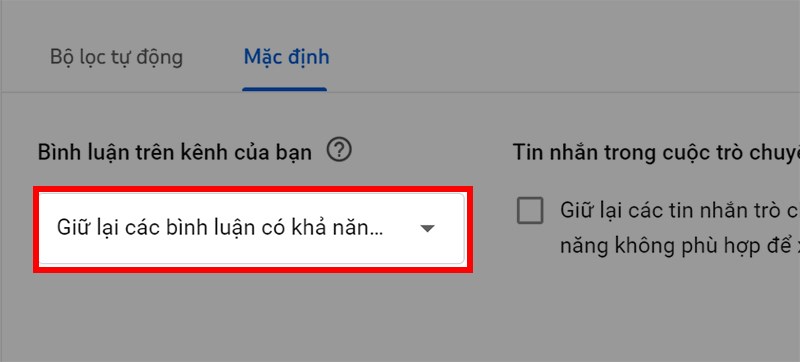 Nhấn vào thanh lựa chọn bên dưới mục Bình luận trên kênh của bạn