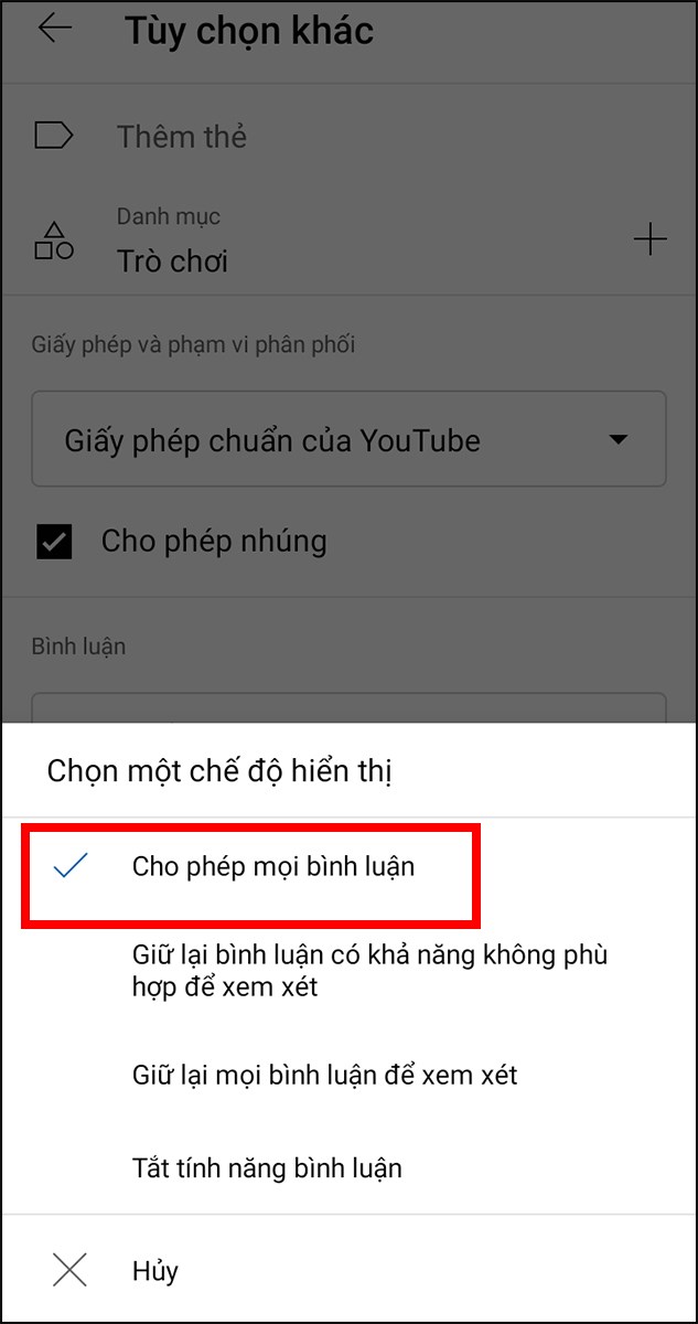 Chọn Cho phép mọi bình luận