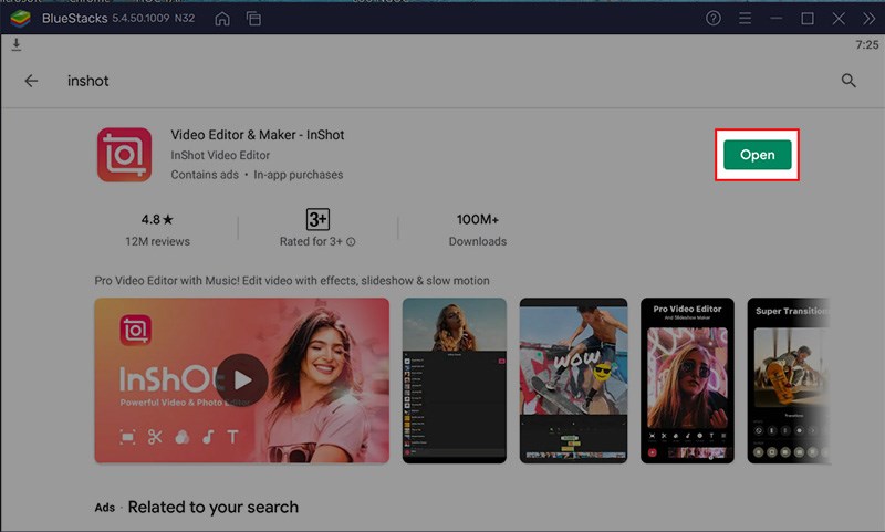 Sau khi c&agrave;i đặt xong InShot cho m&aacute;y t&iacute;nh > Chọn Open