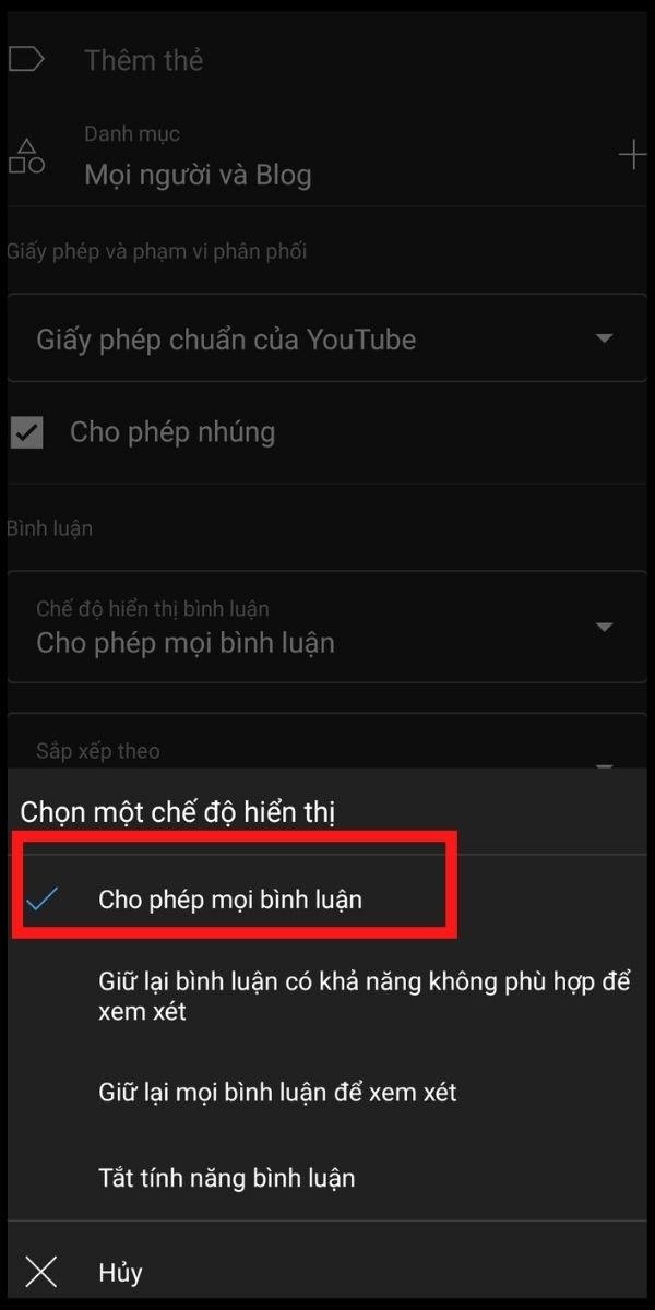 Đặt chế độ Cho phép mọi bình luận