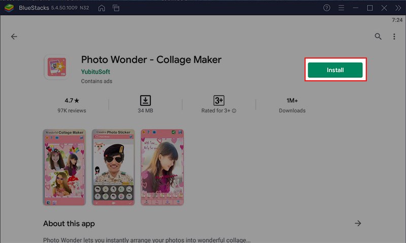 Chọn ứng dụng Photo Wonder > Nhấn Install