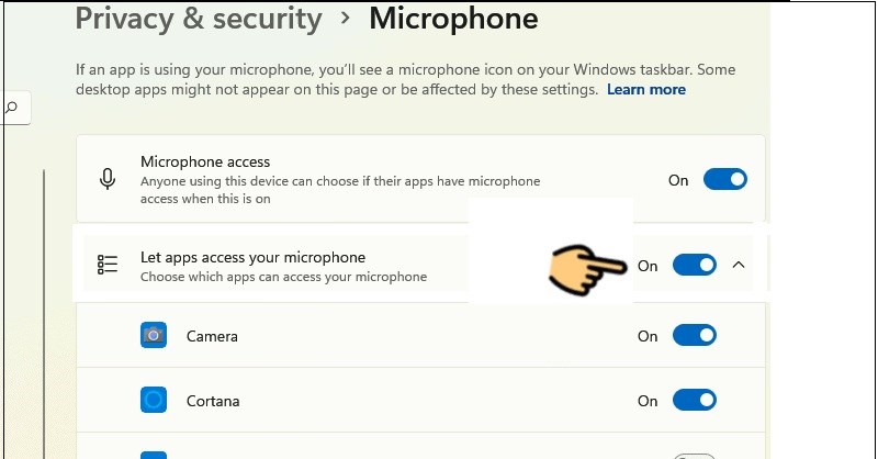 Trượt thanh ngang sang phải tại mục Let apps access your microphone