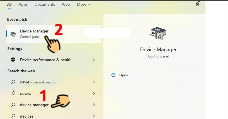 Nhập từ khóa device manger, click chọn ứng dụng Device Manger