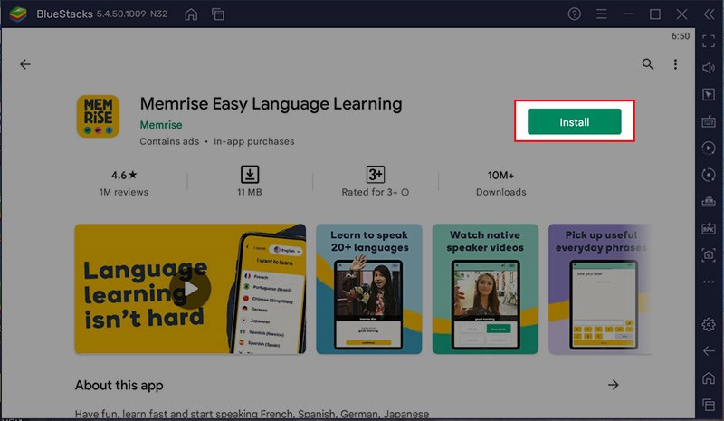 Chọn ứng dụng Memrise > Nhấn Install