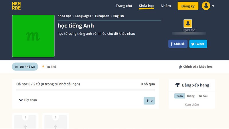 Kết quả sau khi tạo xong kh&oacute;a học tr&ecirc;n Memrise