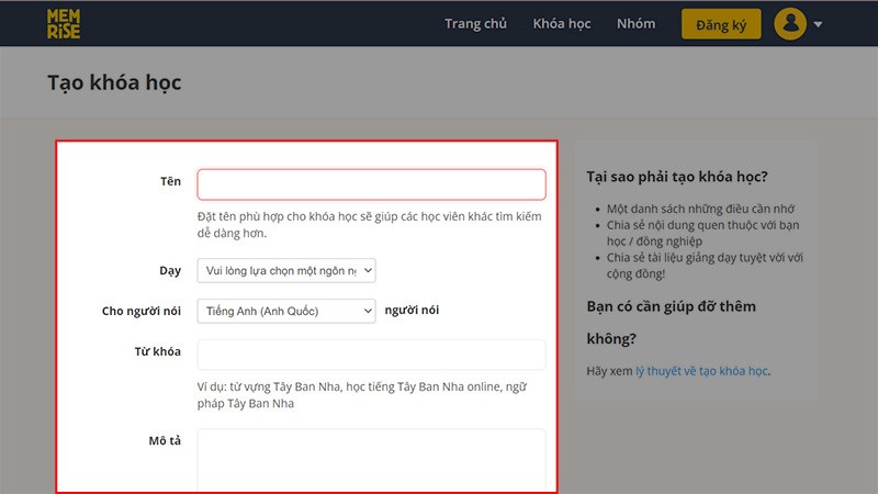 Th&ecirc;m c&aacute;c th&ocirc;ng tin cho kh&oacute;a học