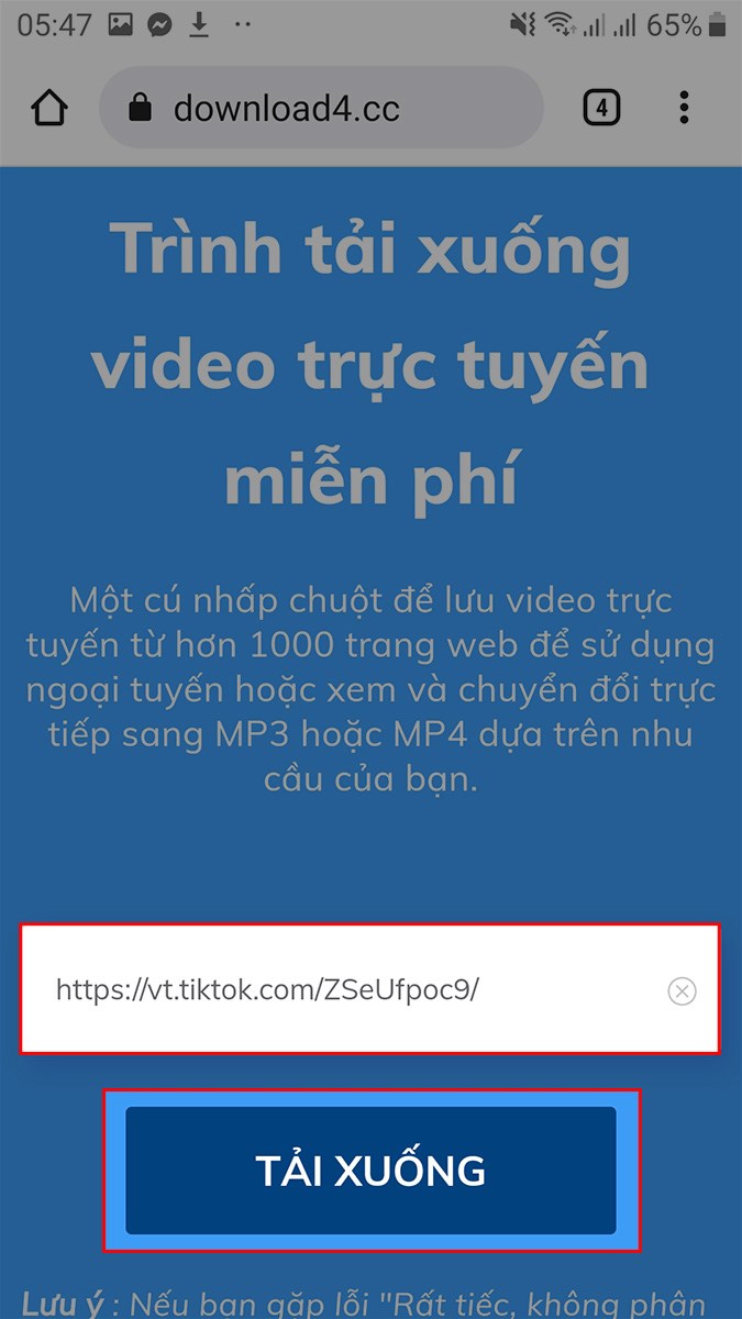 Dán đường link video TikTok vừa sao chép vào khung > Chọn TẢI XUỐNG