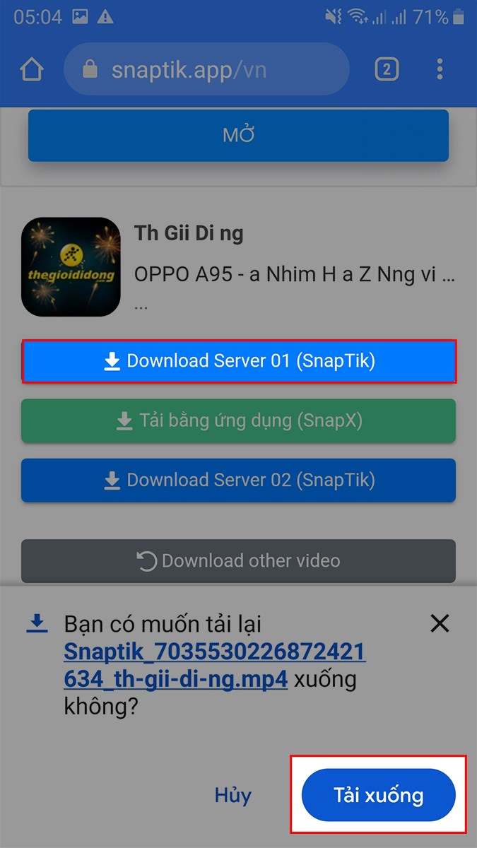 Chọn Download Server 01 > Chọn Tải xuống