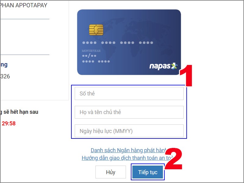 Nhập thông tin thẻ ATM và thanh toán