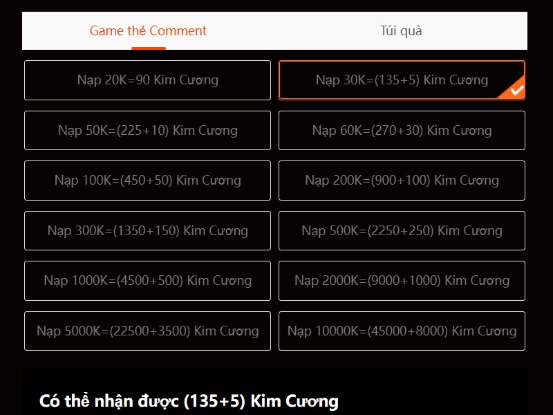 Chọn gói  nạp bạn  muốn dùng