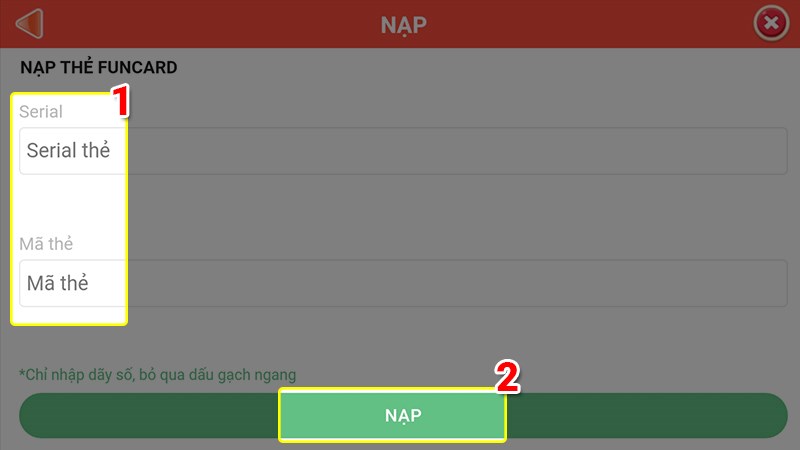 Điền thông tin thẻ nạp và nhấn nạp