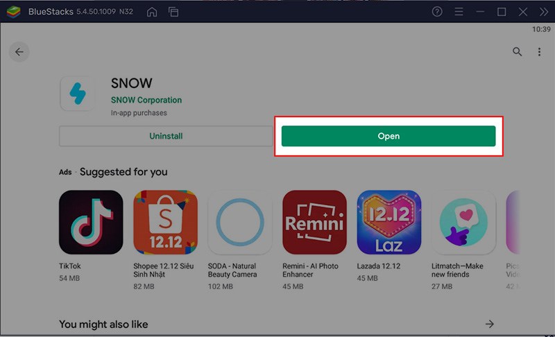 Sau khi c&agrave;i đặt xong SNOW cho m&aacute;y t&iacute;nh > Chọn Open