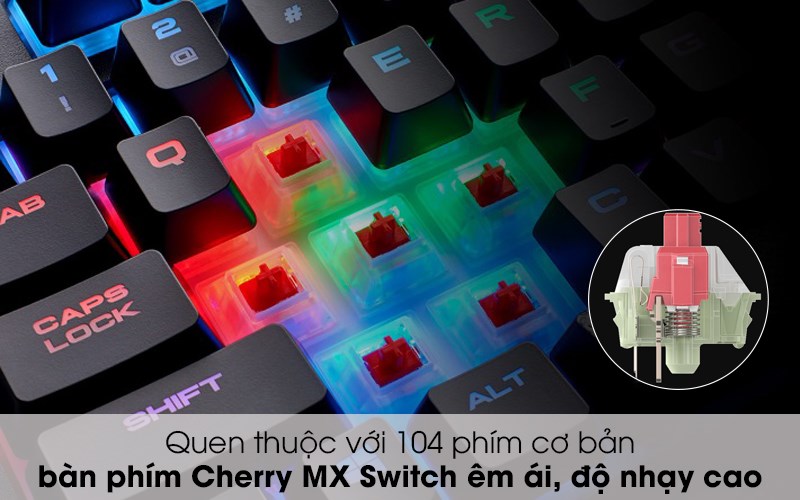 104 ph&iacute;m nhờ Cơ cấu Cherry MX Switch n&ecirc;n c&oacute; độ nảy v&agrave; đ&agrave;n hồi cực k&igrave; tốt.