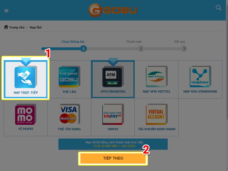 Chọn hình thức nạp thẻ trực tiếp