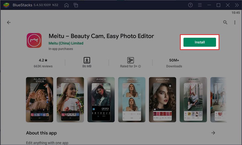 Chọn ứng dụng Meitu > Nhấn Install