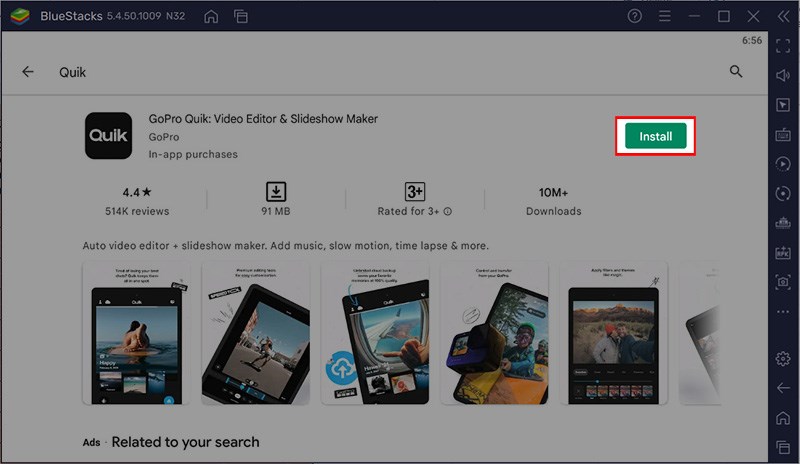 Chọn ứng dụng Quik > Nhấn Install