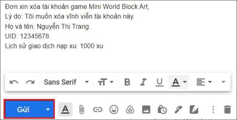 Nhấn Gửi email v&agrave; đợi email phản hồi x&oacute;a t&agrave;i khoản game trong 14 ng&agrave;y l&agrave; xong.