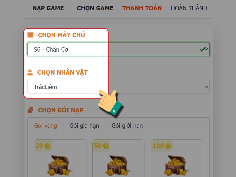 Chọn nhân vật nạp game