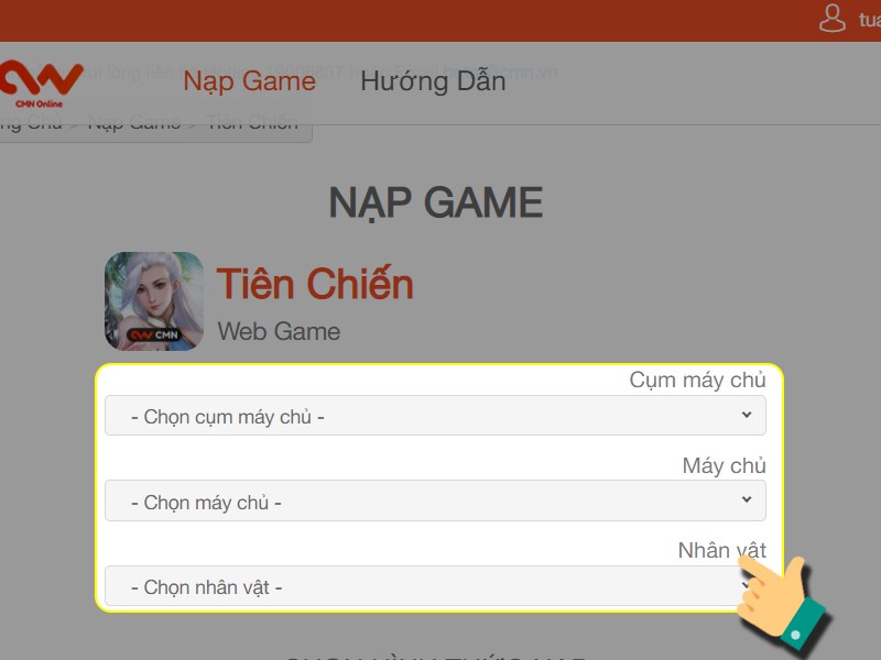Chọn m&aacute;y chủ, nh&acirc;n vật cần nạp