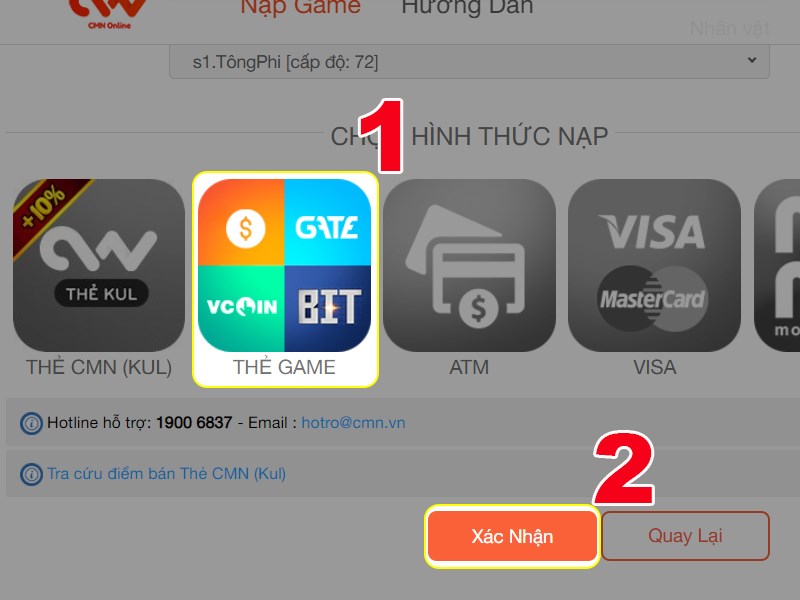 Chọn thanh to&aacute;n bằng thẻ game