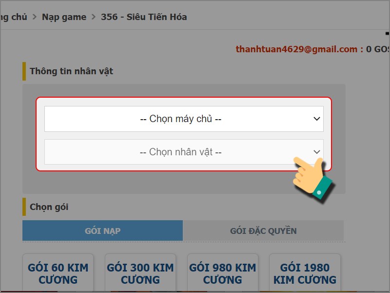 Chọn nh&acirc;n vật cần nạp thẻ