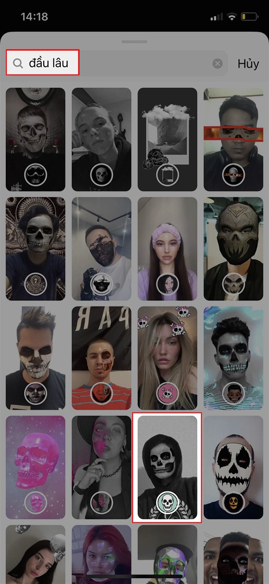 Nhập từ kh&oacute;a&nbsp;đầu l&acirc;u v&agrave; chọn filter đầu l&acirc;u tr&ecirc;n Instagram m&agrave; bạn muốn sử dụng