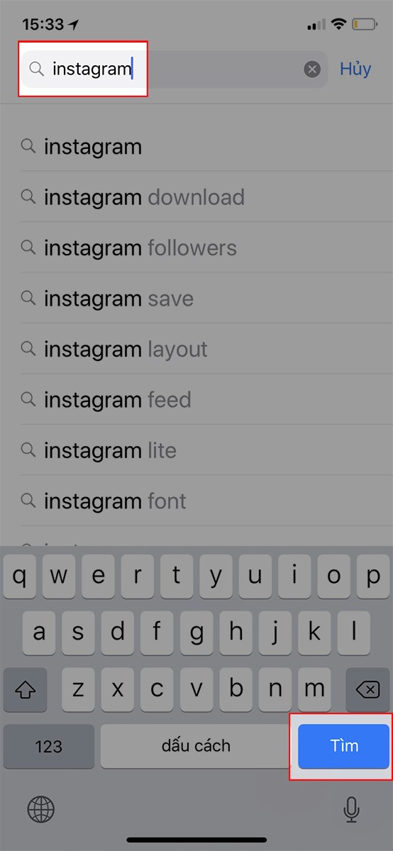 Nhập Instagram v&agrave;o khung t&igrave;m kiếm ứng dụng > Chọn T&igrave;m