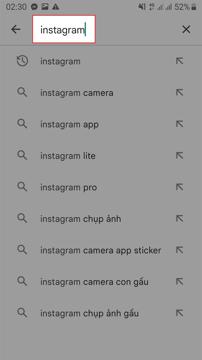 Nhập Instagram v&agrave;o khung t&igrave;m kiếm ứng dụng