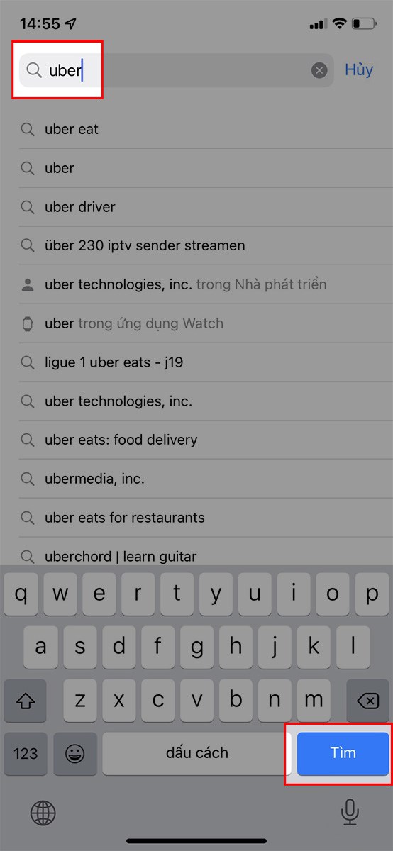 Nhập Uber&nbsp;v&agrave;o khung t&igrave;m kiếm > Chọn T&igrave;m