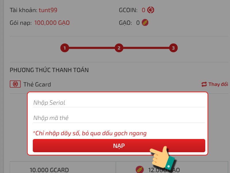 Nhập thông tin thẻ cào và thanh toán