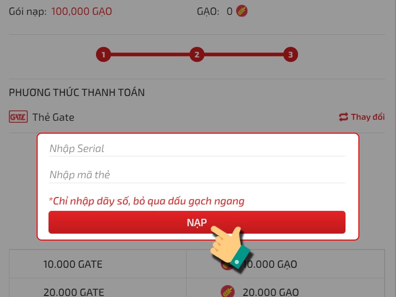 Nhập thông tin thẻ cào để thanh toán