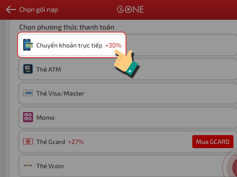 Chọn chuyển khoản trực tiếp