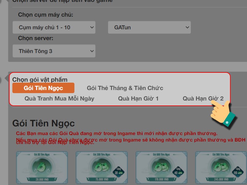 Chọn gói vật phẩm Chọn gói vật phẩm