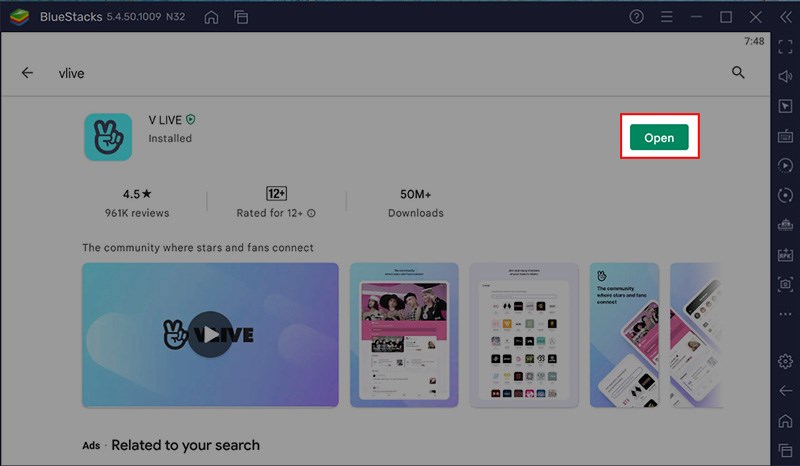 Sau khi c&agrave;i đặt xong V LIVE cho m&aacute;y t&iacute;nh > Chọn Open