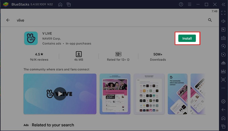 Chọn ứng dụng V LIVE > Nhấn Install