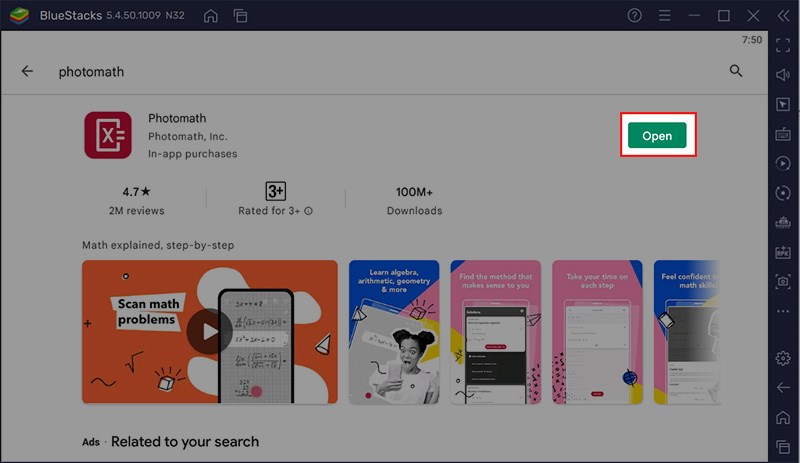 Sau khi c&agrave;i đặt xong Photomath cho m&aacute;y t&iacute;nh > Chọn Open