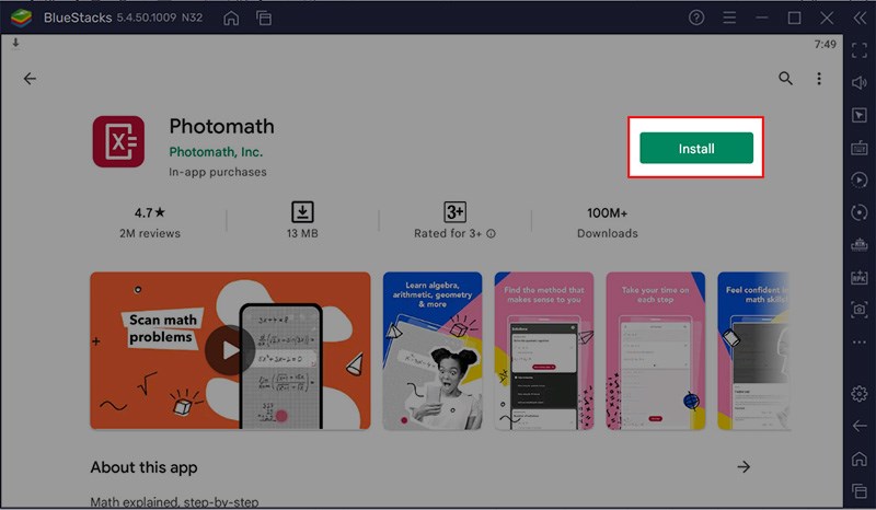 Chọn ứng dụng Photomath > Nhấn Install