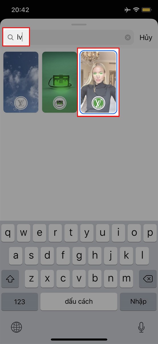 Nhập từ kh&oacute;a LV v&agrave; chọn filter LV tr&ecirc;n Instagram m&agrave; bạn muốn sử dụng