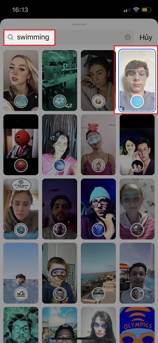 Nhập từ kh&oacute;a swimming v&agrave; chọn filter k&iacute;nh bơi tr&ecirc;n Instagram m&agrave; bạn muốn sử dụng