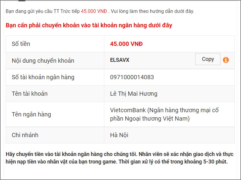 Chuyển khoản theo th&ocirc;ng tin n&agrave;y