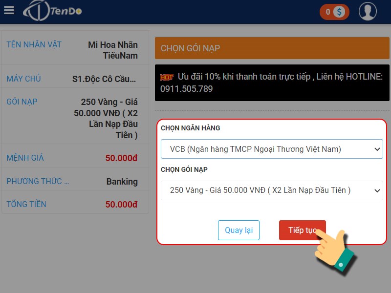Chọn ng&acirc;n h&agrave;ng v&agrave; g&oacute;i nạp