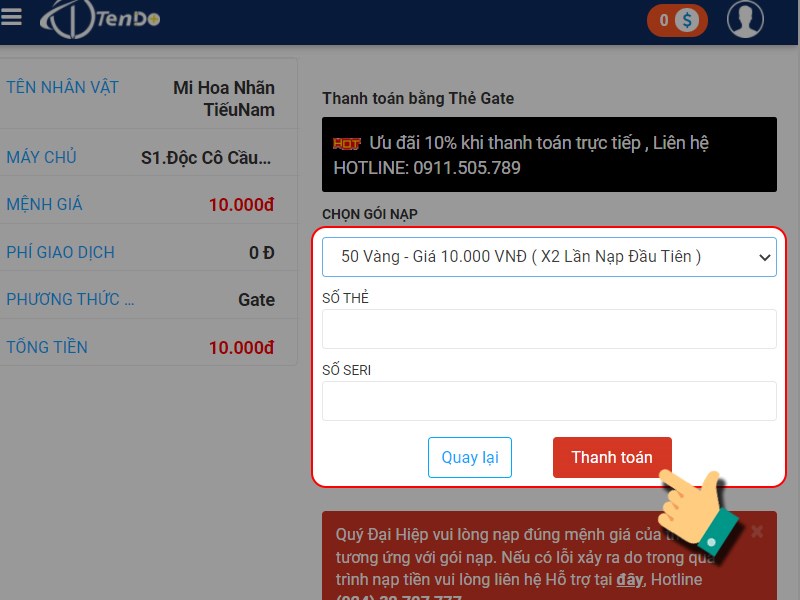 Nhập th&ocirc;ng tin thẻ game
