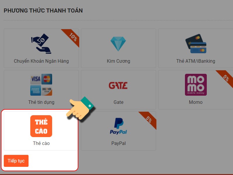 Chọn nạp bằng thẻ c&agrave;o