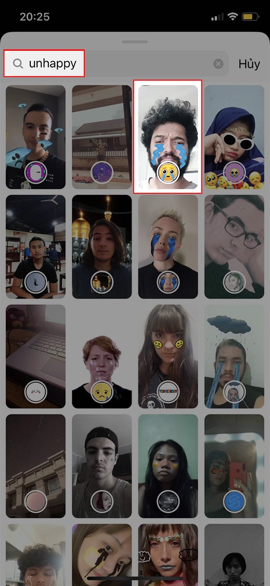 Nhập từ khóa unhappy và chọn filter buồn trên Instagram mà bạn muốn sử dụng