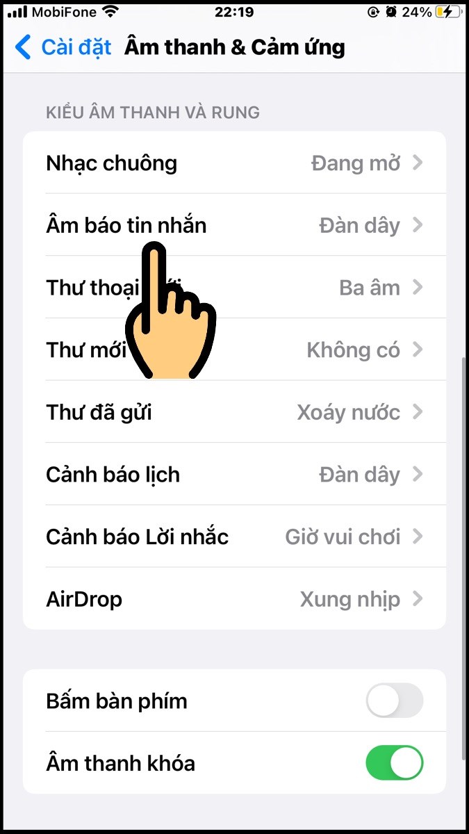Bấm v&agrave;o mục &Acirc;m b&aacute;o tin nhắn 