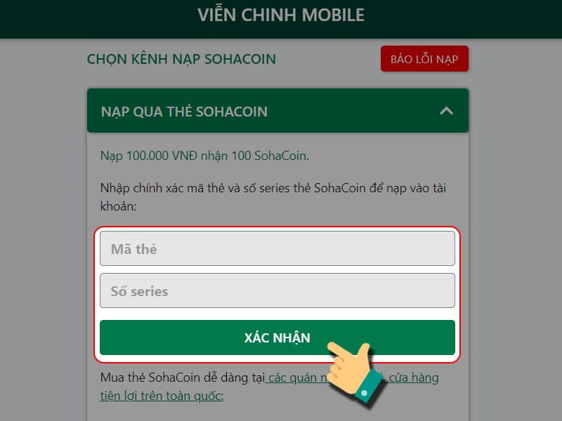 Nhập mã thẻ cào, số Seri