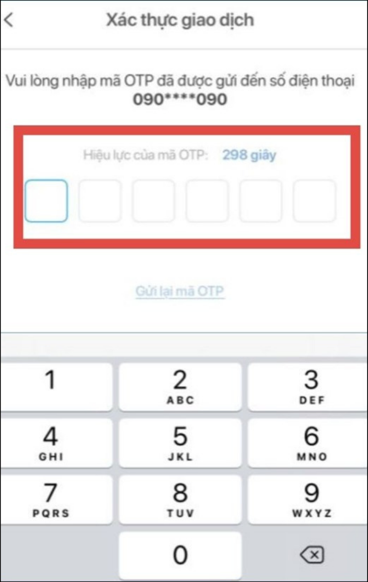 Nhập mã OTP xác thực giao dịch