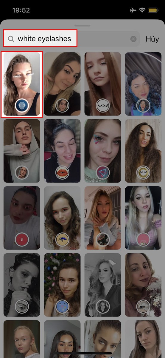 Nhập từ kh&oacute;a white eyelashes&nbsp;v&agrave; chọn filter l&ocirc;ng mi trắng tr&ecirc;n Instagram m&agrave; bạn muốn sử dụng